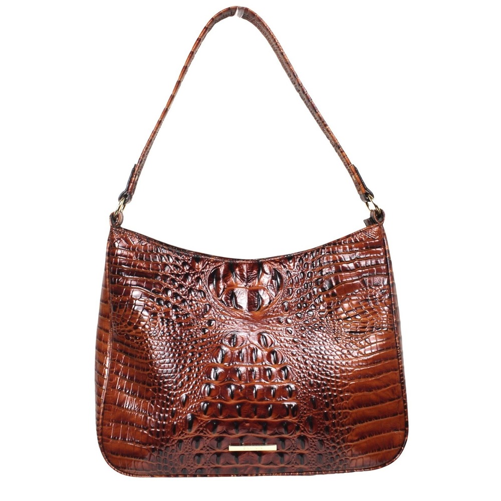 Brahmin Noelle Shoulder Bag‎ Pecan Melbourne Croc Embossed Leather Zip Top Purse